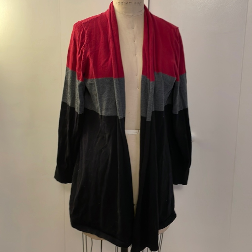 Oh baby by motherhood red, grey, and black long sleeve cardigan